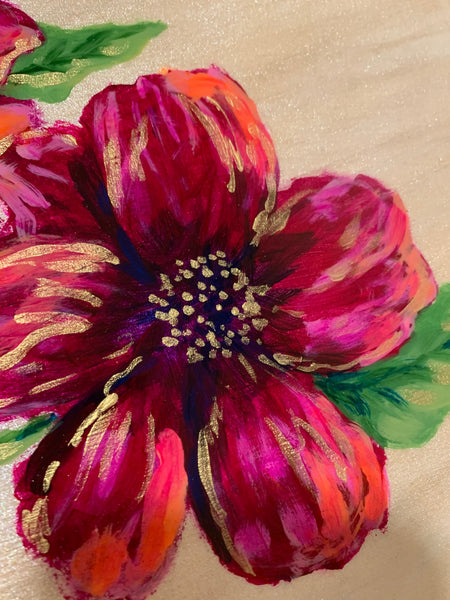 Small round lazy Susan, hand painted bold magenta flowers - 12 inch