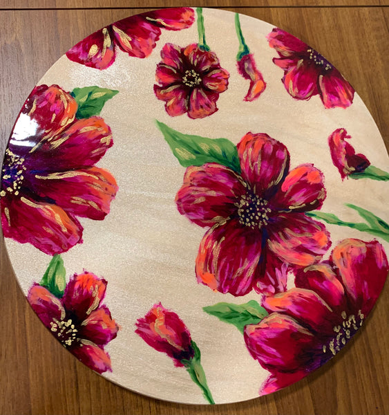 Small round lazy Susan, hand painted bold magenta flowers - 12 inch
