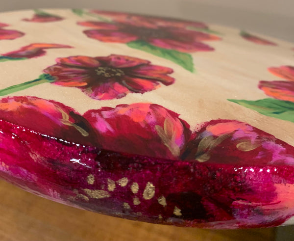 Small round lazy Susan, hand painted bold magenta flowers - 12 inch