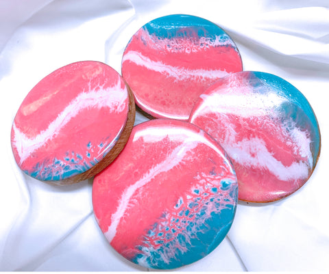 Pink and aqua resin and wood coasters