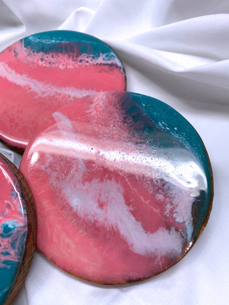 Pink and aqua resin and wood coasters