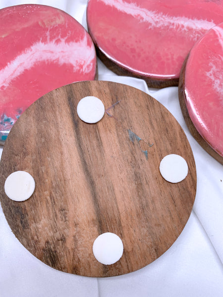 Pink and aqua resin and wood coasters